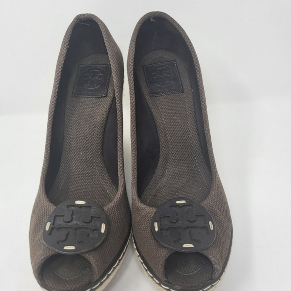 Tory Burch Women Size 9.5 Peep Toe Espadrille‎ Wedge Heel Canvas Brown Shoes - Picture 6 of 10